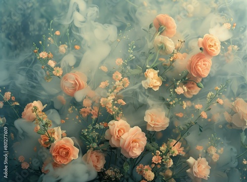 ethereal peach roses and cream colored flowers with a touch of blue