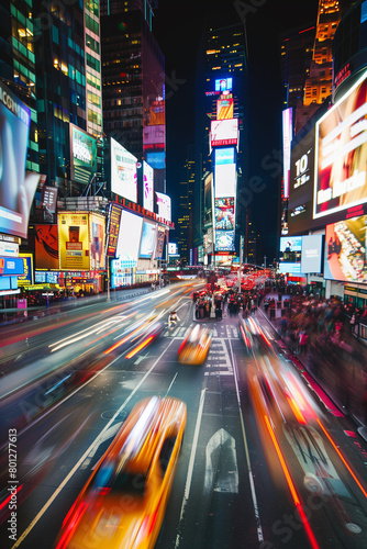 A busy city street at night with lots of traffic and people. Travel concept