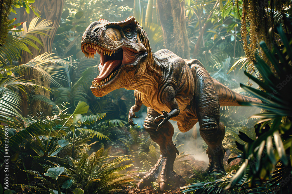 Generative ai on theme of big scary hungry dinosaur with kind eyes and sharp teeth destroying park Generative ai on theme of big scary hungry dinosaur with kind eyes and sharp teeth destroying park