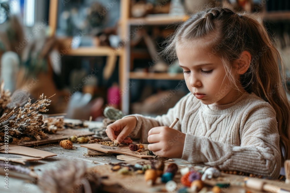 Close up portrait of a girl making crafts in a workshop, concept of children's leisure and hobby Close up portrait of a girl making crafts in a workshop, concept of children's leisure and hobby