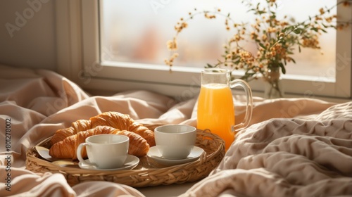 A delicious breakfast with croissants  coffee  and orange juice on a tray in bed