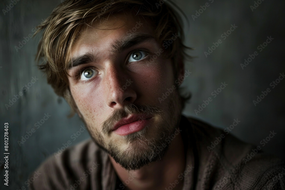 Close up portrait of a man with a beard and blue eyes looking to the side Close up portrait of a man with a beard and blue eyes looking to the side