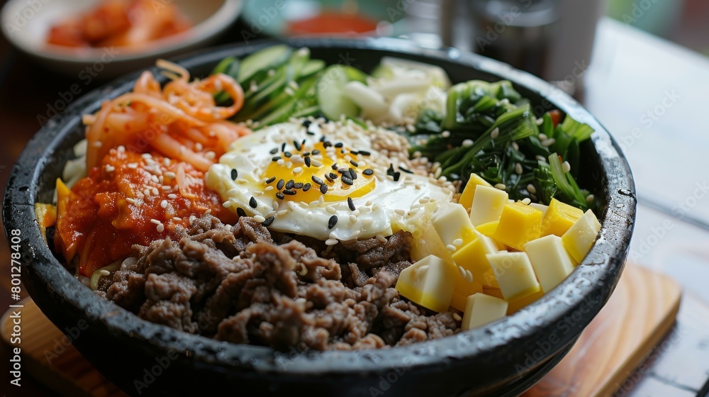Korean food dolsot bibimbap with beef, egg, vegetables and kimchi Korean food dolsot bibimbap with beef, egg, vegetables and kimchi