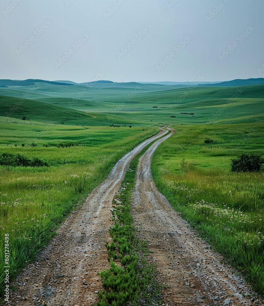 dirt road through a lush green grassy field