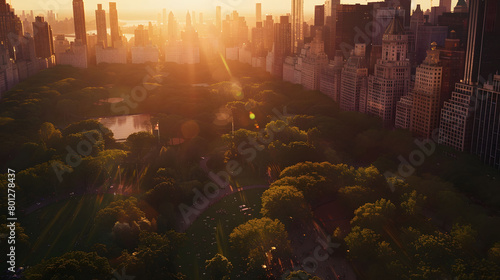 Manhattan skyscrapers cityscape condition with helicopter photo view in the warmly evening. Manhattan aerial with bird eye view scene. Artificial intelligence.