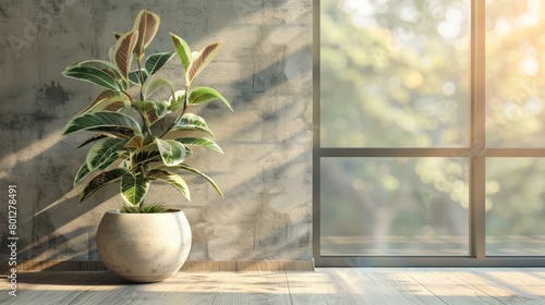 Sunlight shining through a window onto a potted plant photo