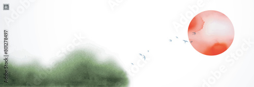 Minimalist landscape with big red sun and birds flying over the green misty forest. Traditional oriental ink painting sumi-e, u-sin, go-hua. Translation of hieroglyph - eternity