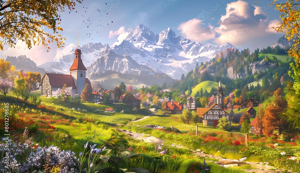 green meadows and snowcapped mountains in the background, an old wooden house nestled among lush trees on one side, a winding path leading to it, all bathed in warm golden sunlight.