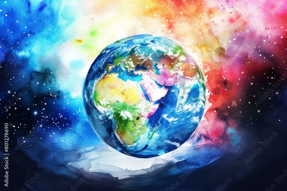Artistic watercolor painting of planet Earth in vivid colors