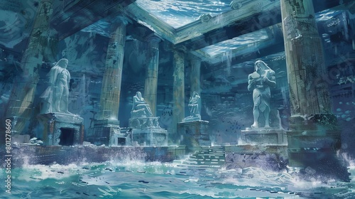 ancient ruins of atlantis featuring a white statue and blue water, with a large building in the bac
