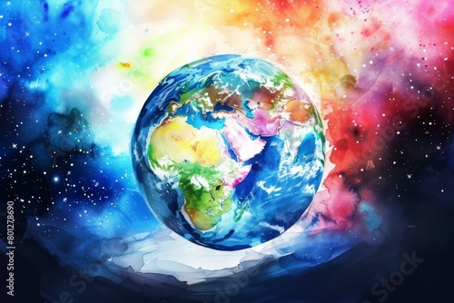 Artistic watercolor painting of planet Earth in vivid colors