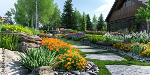 A beautiful garden with a stone path and a variety of flowers and plants