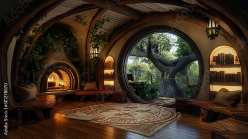 Hobbit house with classic wood interior with fireplace indoor look outside