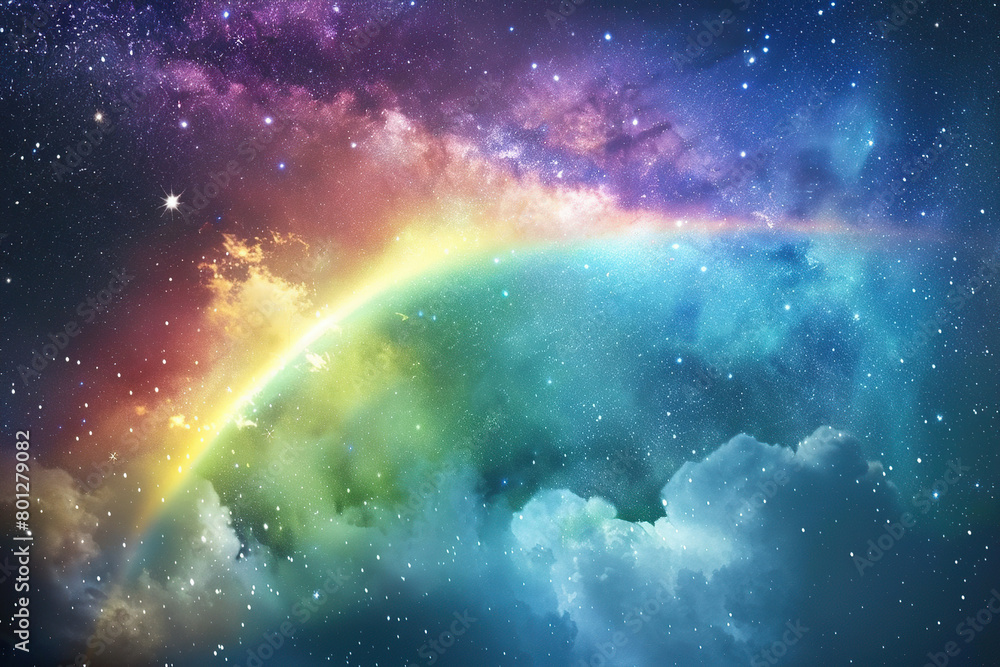 Obraz premium Generative ai on theme of beautiful tranquil landscape with magical bright rainbow at cloudy sky