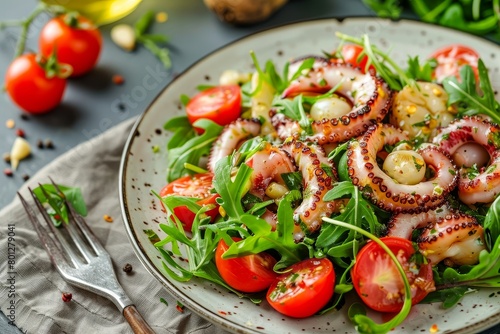 Octopus, fennel, tomato and rocket salad with fried garlic
