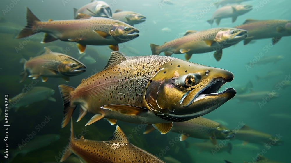 Naklejka premium A group of fish are swimming in the ocean.