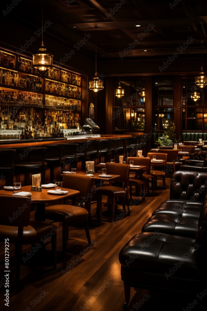 Luxurious bar interior with leather chairs and wooden tables