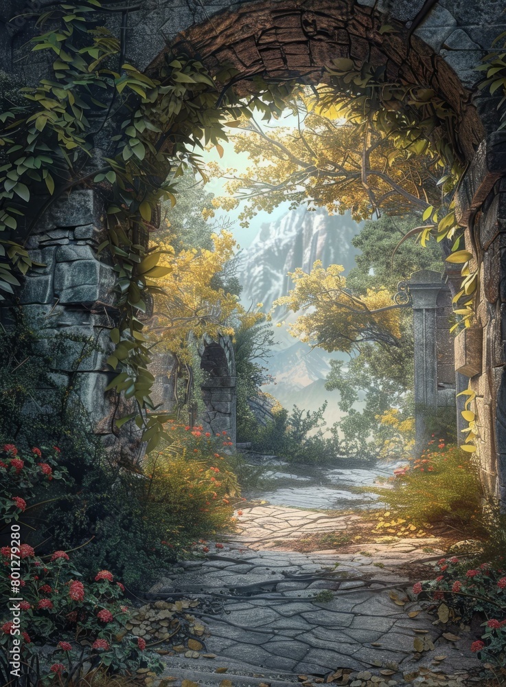 Obraz premium Mystical overgrown ruins archway into enchanted forest
