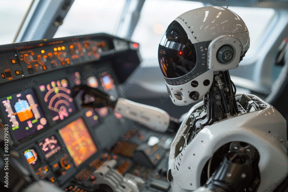 Robot modern digital control of the cabin of a passenger jet airliner, aviation of the future aerospace. The concept of eliminating the human factor, fatigue, distracted attention, errors Robot modern digital control of the cabin of a passenger jet airliner, aviation of the future aerospace. The concept of eliminating the human factor, fatigue, distracted attention, errors