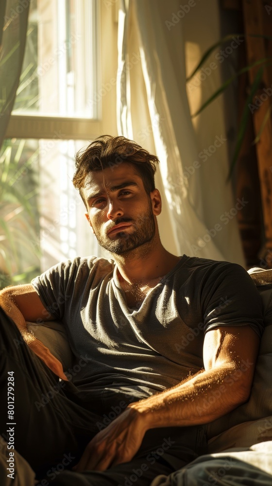 Portrait of a handsome young man with dark hair and beard sitting on a couch and looking at the camera Portrait of a handsome young man with dark hair and beard sitting on a couch and looking at the camera