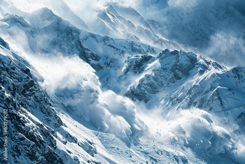 Generative ai on theme of descent of an huge avalanche from the mountain, winter nature landscape photo