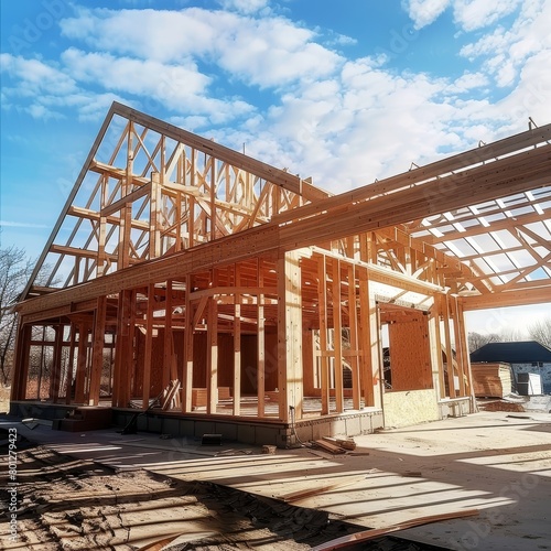 Wooden frame construction with truss, posts, and beams in the manufacturing of a new house