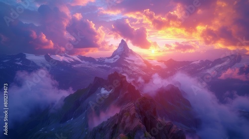 Majestic mountain landscape with vibrant sunset and clouds photo