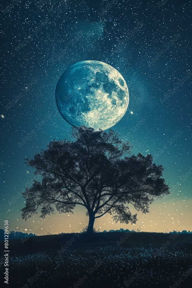 Fototapeta premium Blue Moon over Lonely Tree