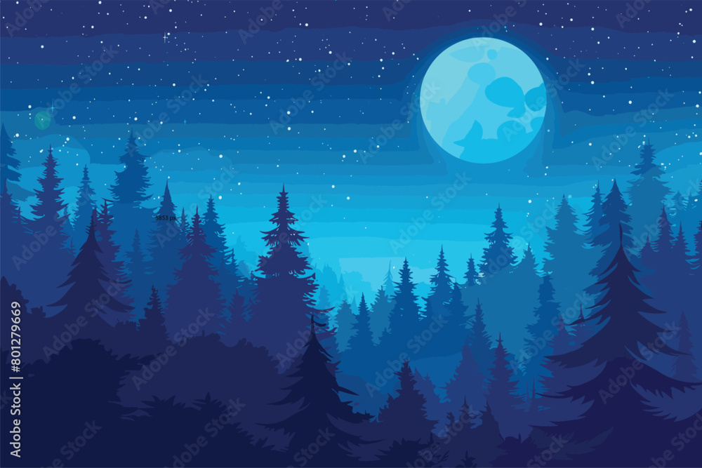 Night landscape with moon, Forest scene at night blue background, Vector illustration Night landscape with moon, Forest scene at night blue background, Vector illustration
