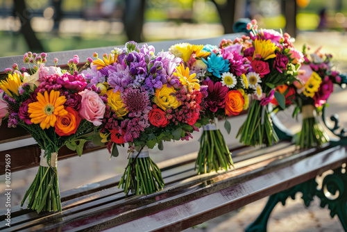 Experience the Radiance of Summer with Colorful Bouquets on a Park Bench! Warm Light Enhancing the Vibrant Colors of Flowers © cwa