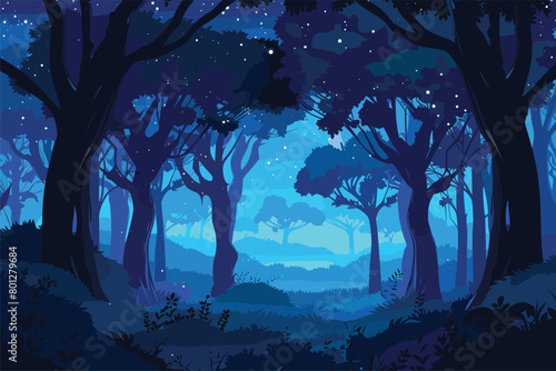 Night landscape with moon, Forest scene at night blue background, Vector illustration