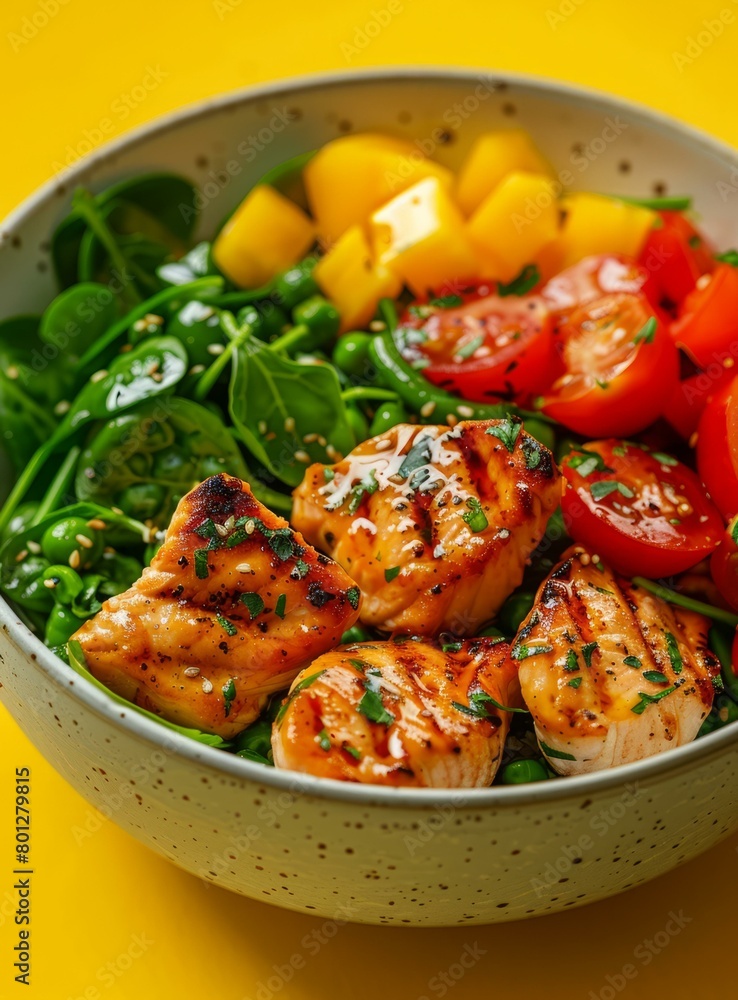 Grilled salmon with spinach, tomatoes, peas, and mango Grilled salmon with spinach, tomatoes, peas, and mango