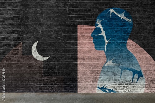 Surreal mural art on brick wall