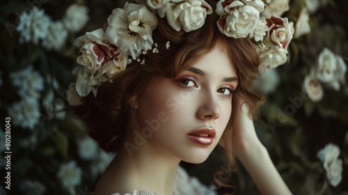 Woman wearing a vibrant flower crown beautiful eyes in a peaceful expression