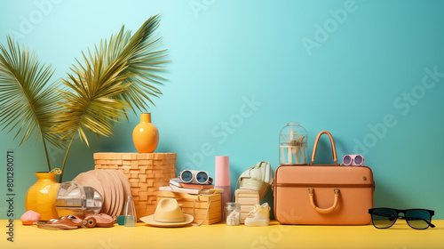 Summer Stuffs on Yellow and Light Blue Background photo