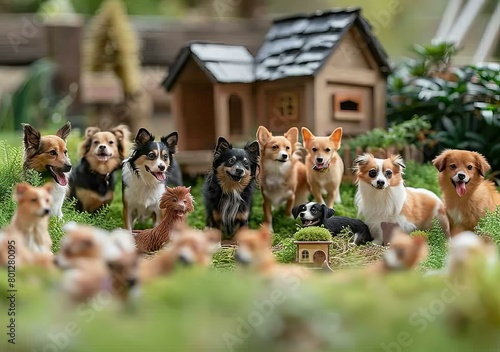 A group of dogs of different breeds are posing in front of a miniature house.