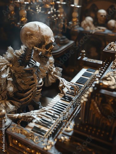 A gothic scene with a skeleton playing a digital pipe organ, where each note influences the movement of spectral figures around it
