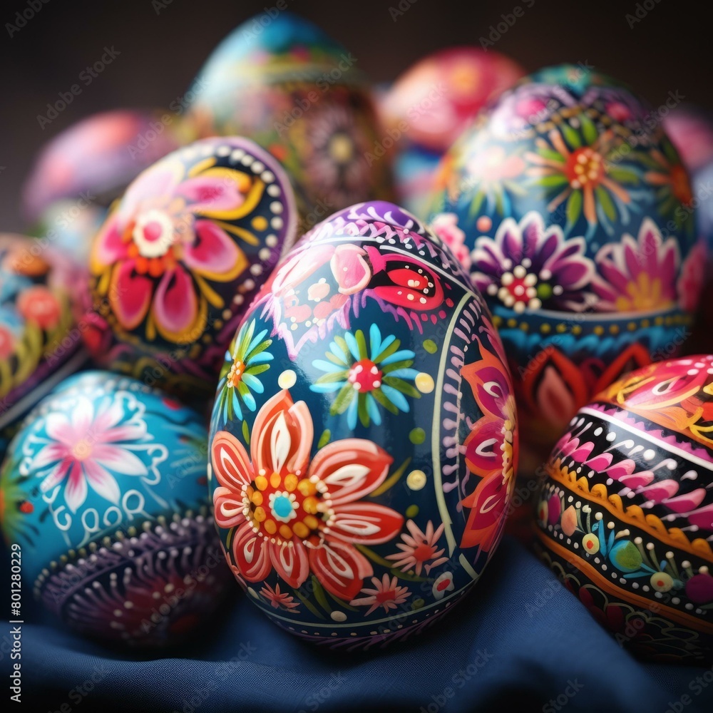 A beautiful collection of Easter eggs with intricate floral patterns