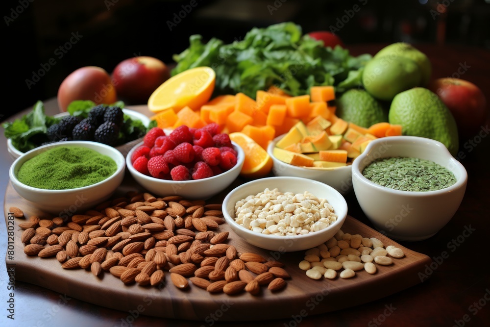 A variety of healthy food ingredients are arranged on a wooden table. A variety of healthy food ingredients are arranged on a wooden table.