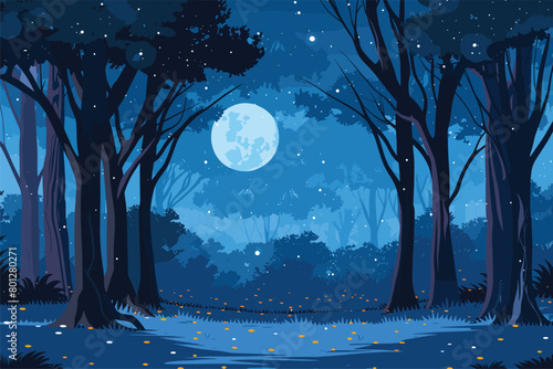 Night landscape with moon, Forest scene at night blue background, Vector illustration