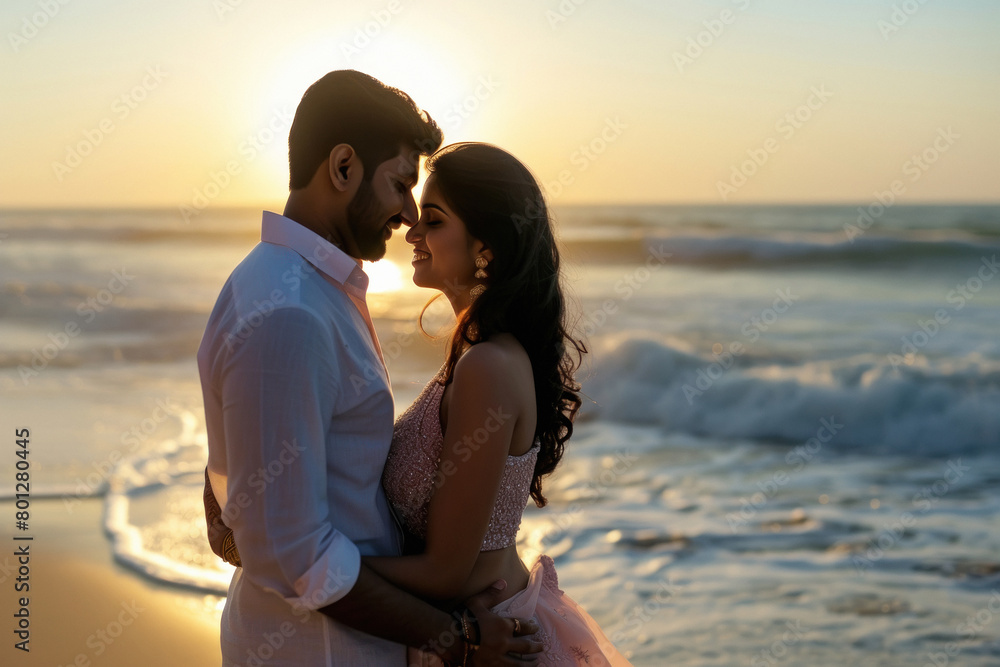 indian couple standing on the beach giving romantic pose