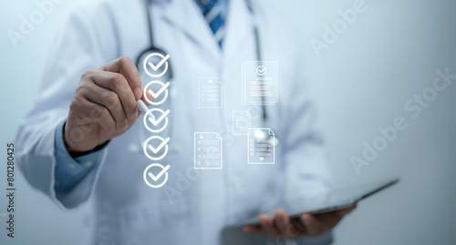 Check list concept.Medical worker with online checklist survey, filling out digital form checklist, take an assessment, questionnaire, evaluation, online survey, online exam