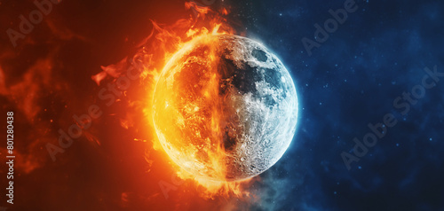 Sun and moon. Contrasting elements concept art. Good and evil. yin and yang. Hot and cold. Light and dark. Love and hate. With copy space for text. Cosmic Fusion: Yin and Yang