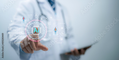 Medical worker touch of virtual medical revolution with technology for future Health Advance of technology Artificial Intelligence,Transformation of innovation.AI Deep Learning for medical research.