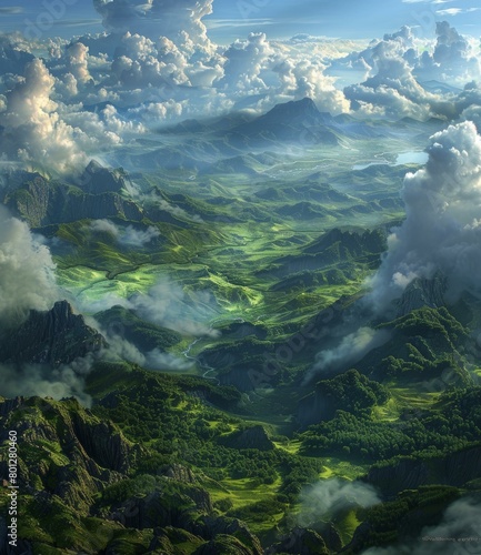 Fantasy landscape with green mountains and clouds