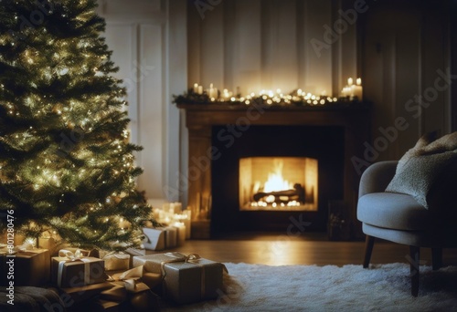 glowing Christmas fireplace tree cozy ambiance Warm © sandra