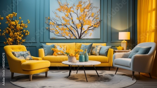 Blue and Yellow Themed Living Room With a Floral Painting