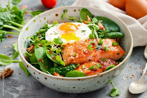 Protein bowl with salmon, egg and spinach