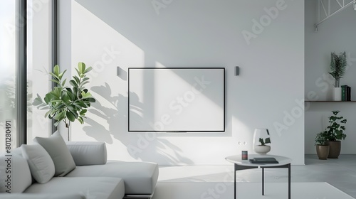 Minimalist Zen Home Setting with Empty TV Frame and Potted Plant description This image depicts a