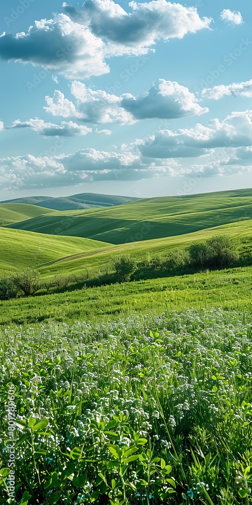 Green rolling hills under a blue sky